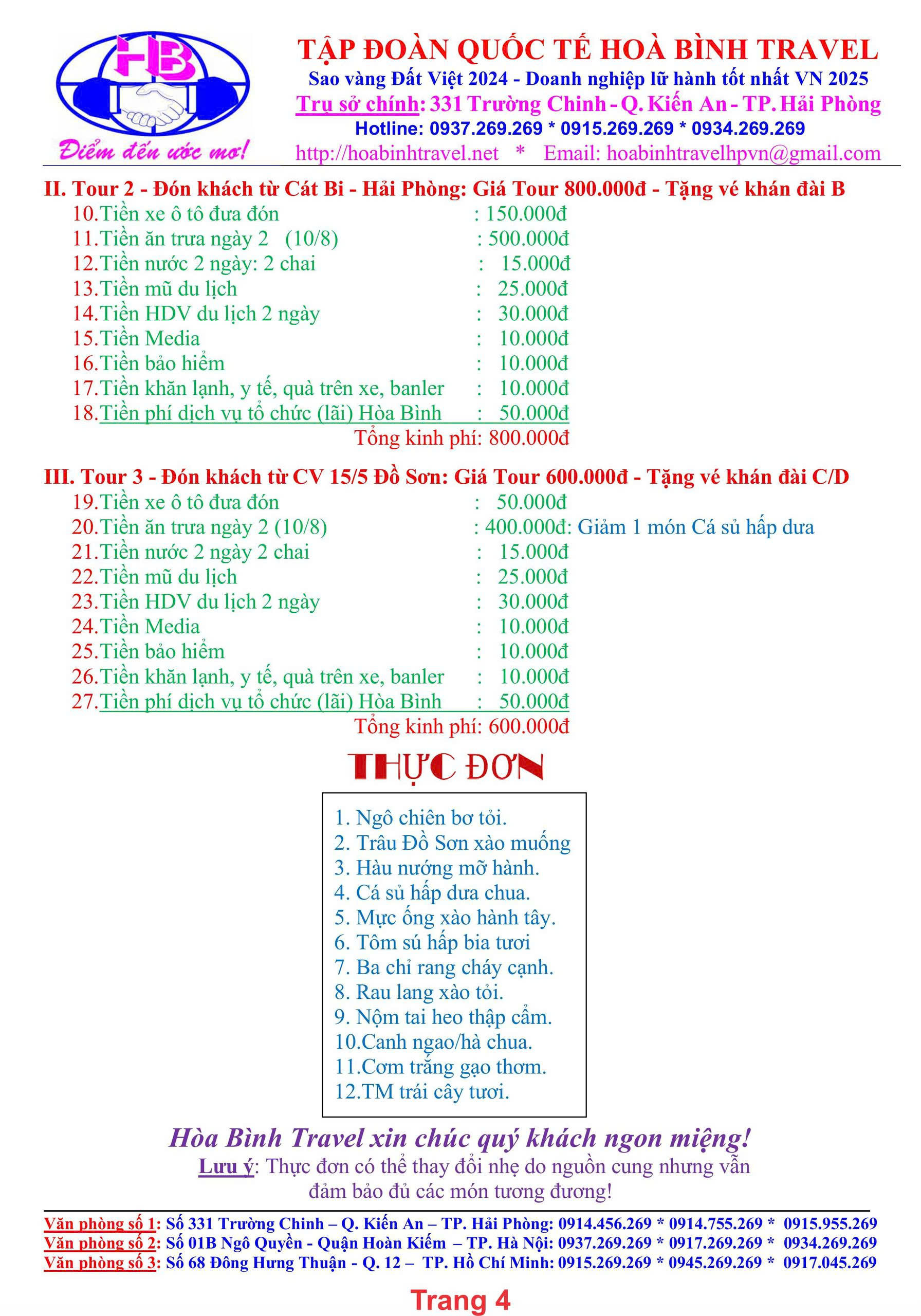 Bảng giá chi tiết